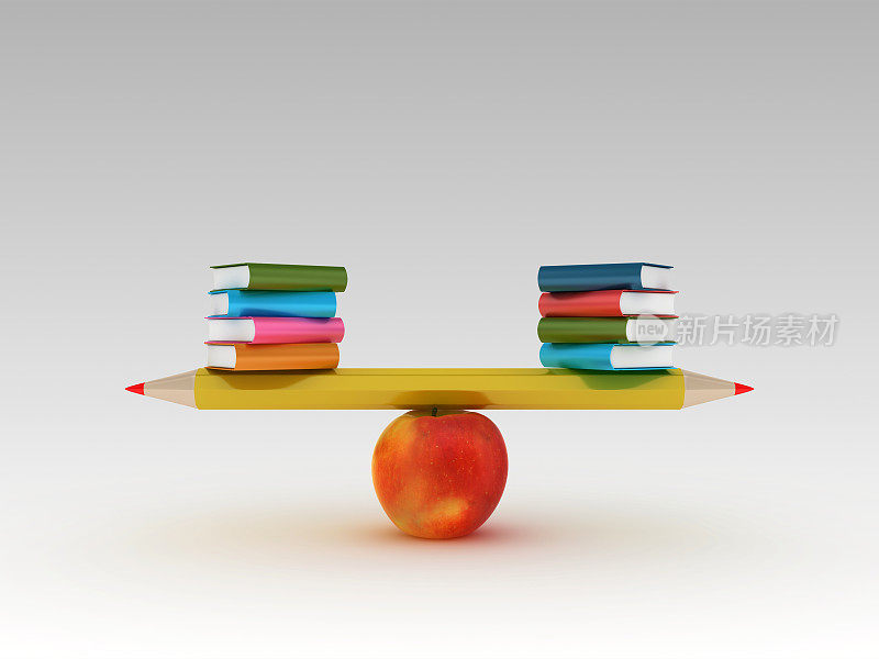 跷跷板规模与铅笔苹果和书籍- 3D渲染